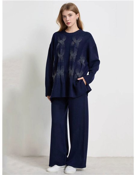 Conjunto Jersey trenzado strass talla grande + Pantalón punto