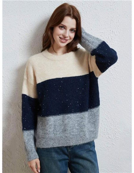 Colour-block knit sweater with sequins