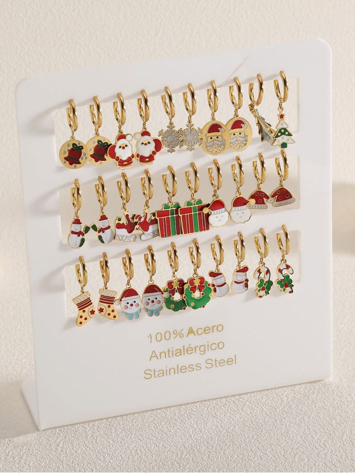 Set de 15 pares pendientes navideños esmaltados - Expositor incluido