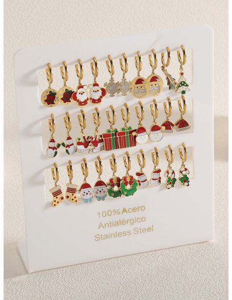 Set de 15 pares pendientes navideños esmaltados - Expositor incluido