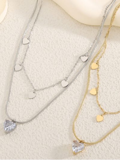 Collar doble colgante corazón con circonita 2