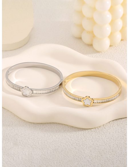 Pulsera rígida flor de nácar con circonitas