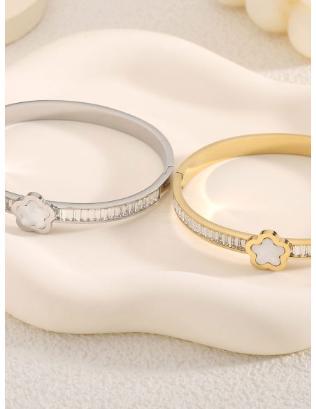 Pulsera rígida flor de nácar con circonitas