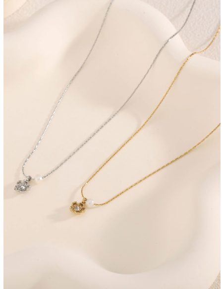 Blumenhalskette mit Zirkonia und Perlendetail