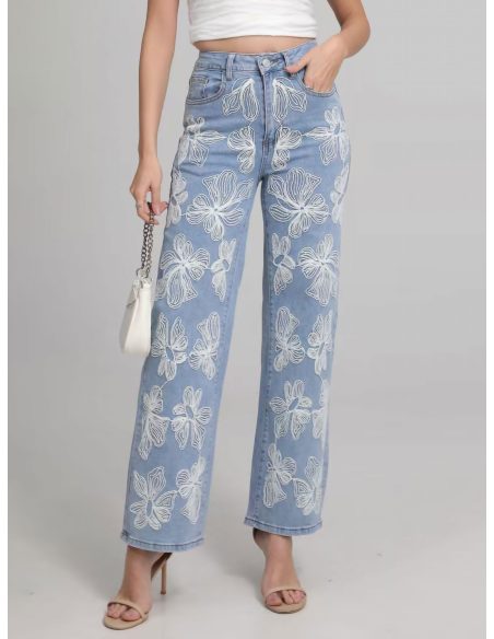 Gerade geschnittene Jeans mit Blumenstickerei