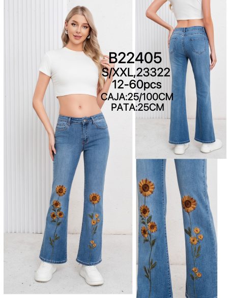 Jeans acampanado bordado de girasoles