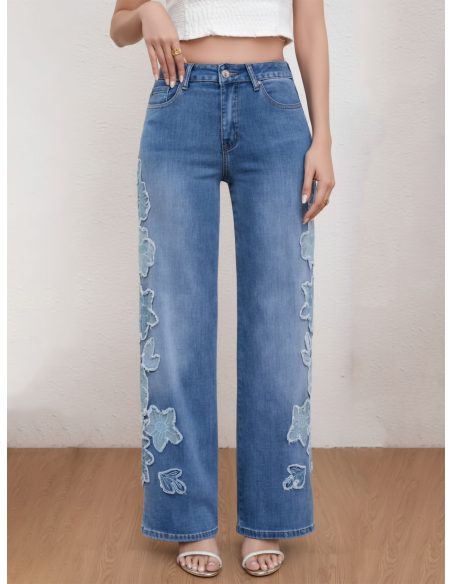 Jeans wide leg apliques florales