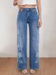 Jeans wide leg apliques florales