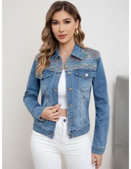Embroidered denim jacket with rhinestone