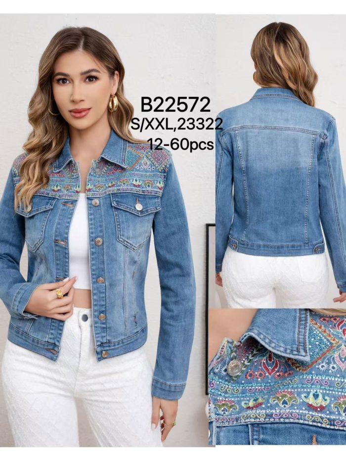 Embroidered denim jacket with rhinestone