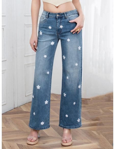 Jeans wide leg apliques de flores