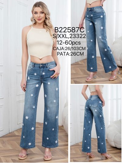 Jeans wide leg apliques de flores 2