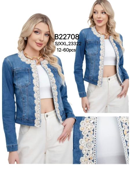 Veste en jean avec bordure en dentelle et perles