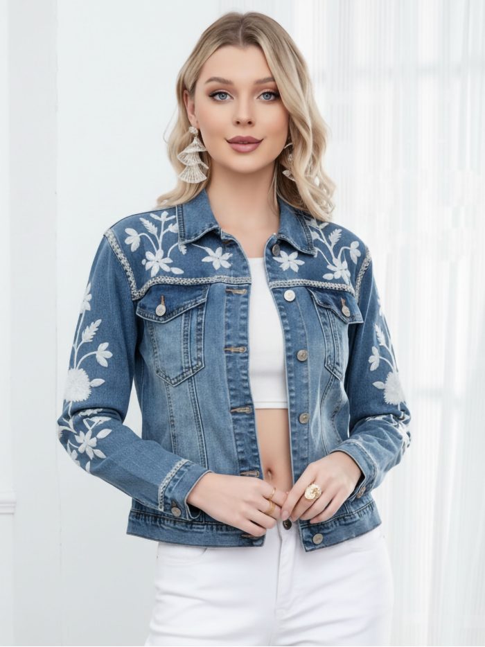 Cazadora denim bordado floral