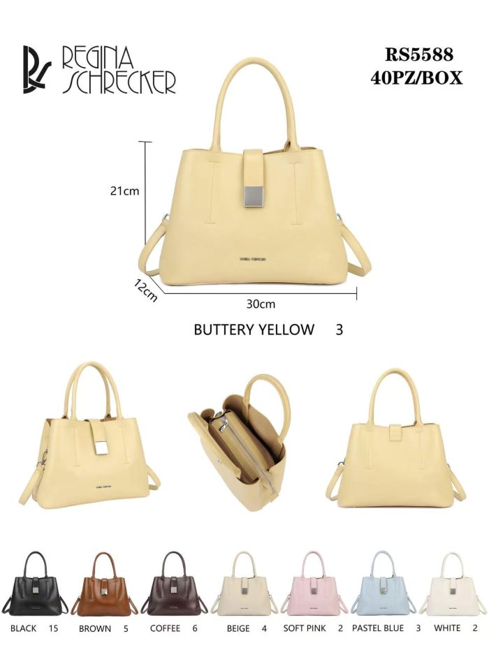 Bolsa de mão alça dupla e fecho de fivela.