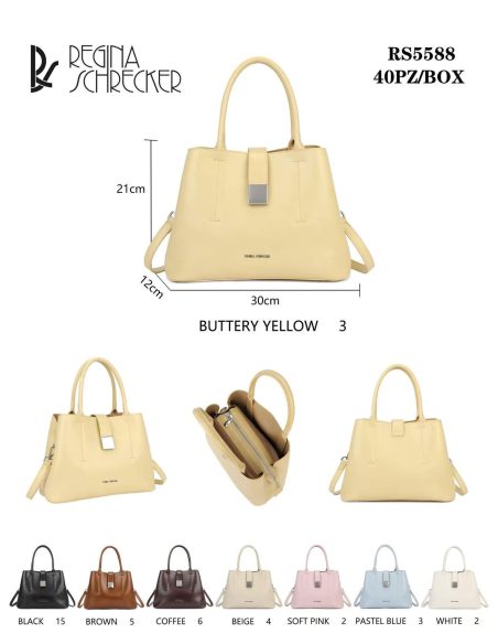 Bolsa de mão alça dupla e fecho de fivela.