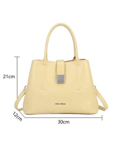 Bolsa de mão alça dupla e fecho de fivela.