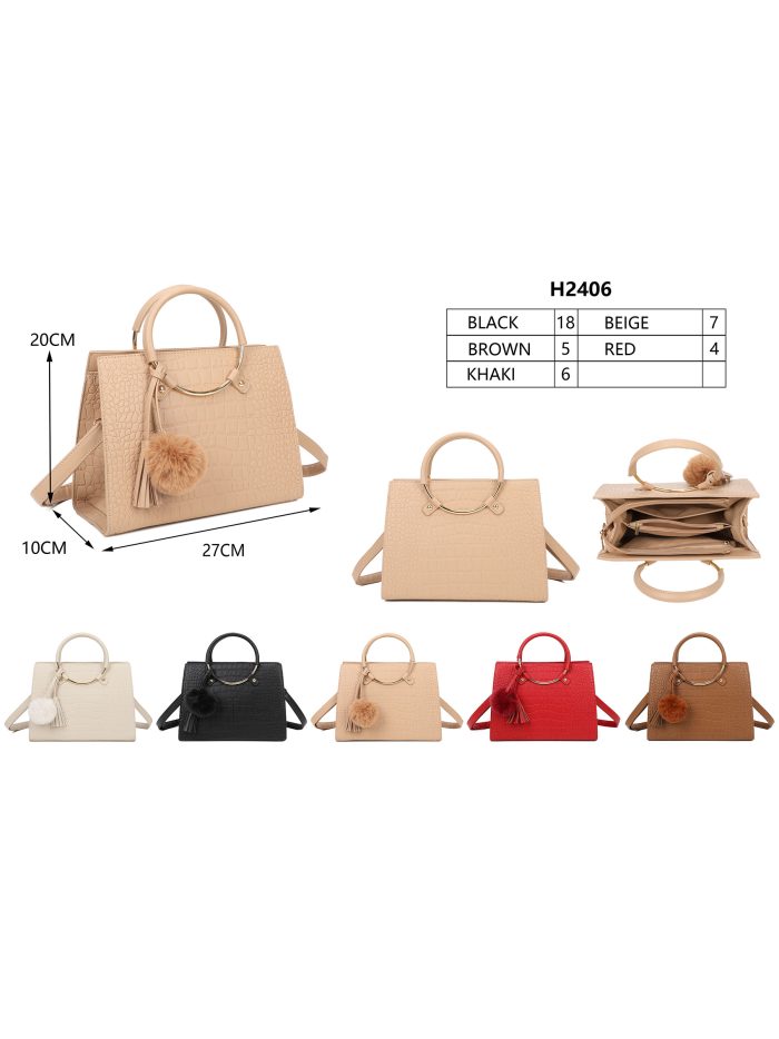 Bolso de mano efecto coco asa aro y colgante pompón