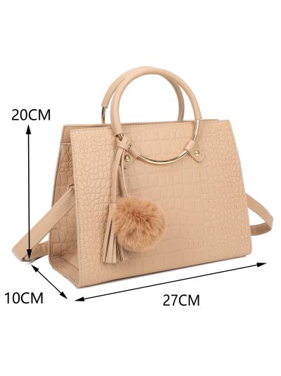 Bolso de mano efecto coco asa aro y colgante pompón