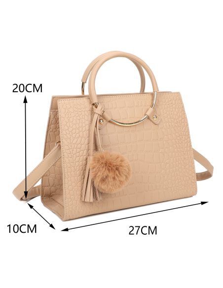 Bolso de mano efecto coco asa aro y colgante pompón