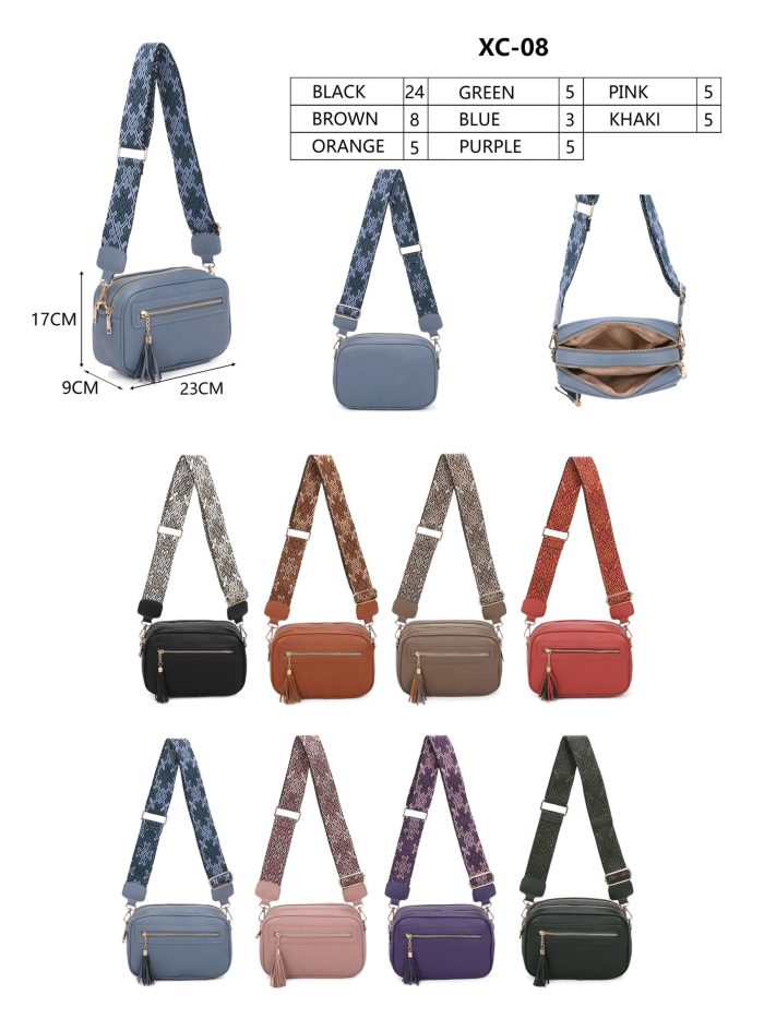 Bolso bandolera borlas correa estampada