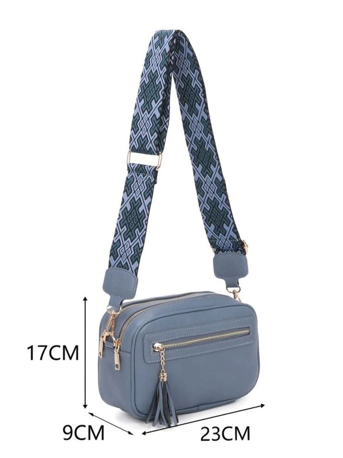 Bolso bandolera borlas correa estampada