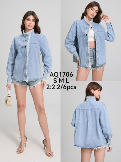 Camisa denim cuello mao y volantes 2