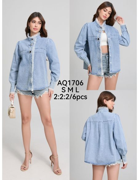 Camisa denim cuello mao y volantes