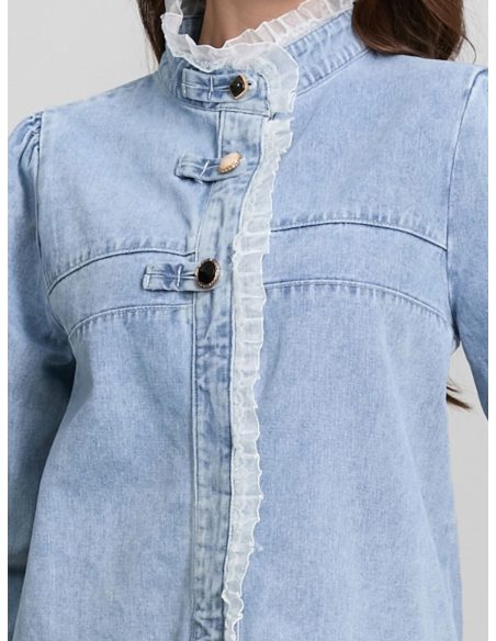 Camisa denim cuello mao y volantes