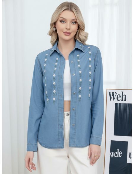 Bluse mit floralen Stickereien in Denim
