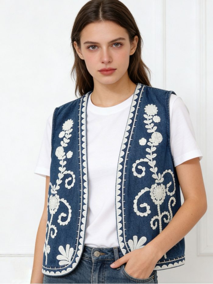 Chaleco denim bordado flores