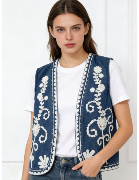 Chaleco denim bordado flores