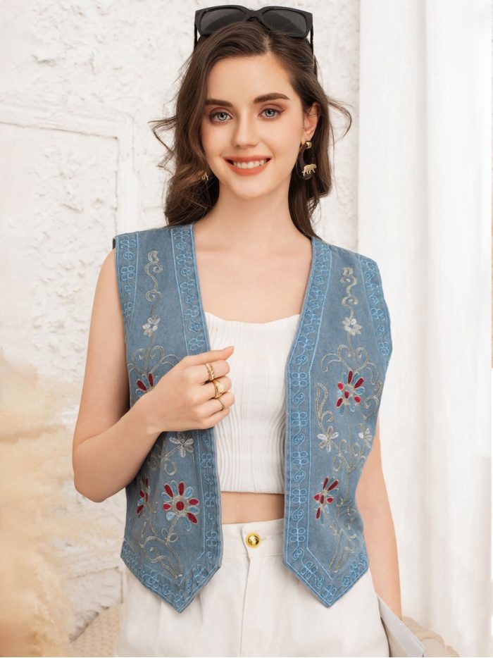 Embroidered denim waistcoat