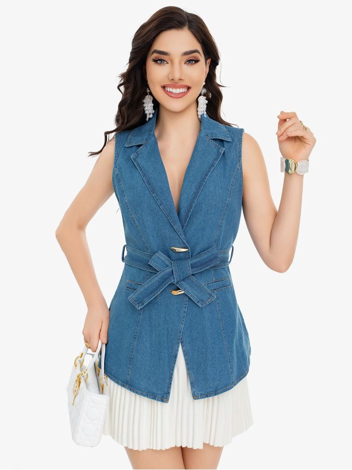 Belted denim blazer waistcoat with decorative clasps