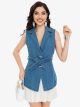 Belted denim blazer waistcoat with decorative clasps
