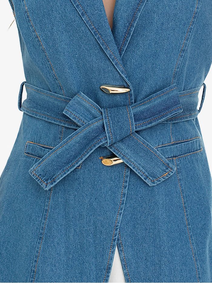 Belted denim blazer waistcoat with decorative clasps