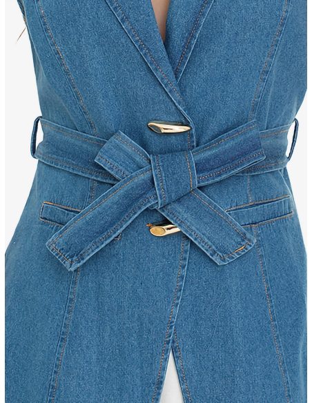 Belted denim blazer waistcoat with decorative clasps