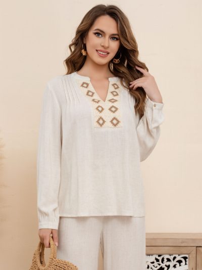 Blusa lino bordado geométrico