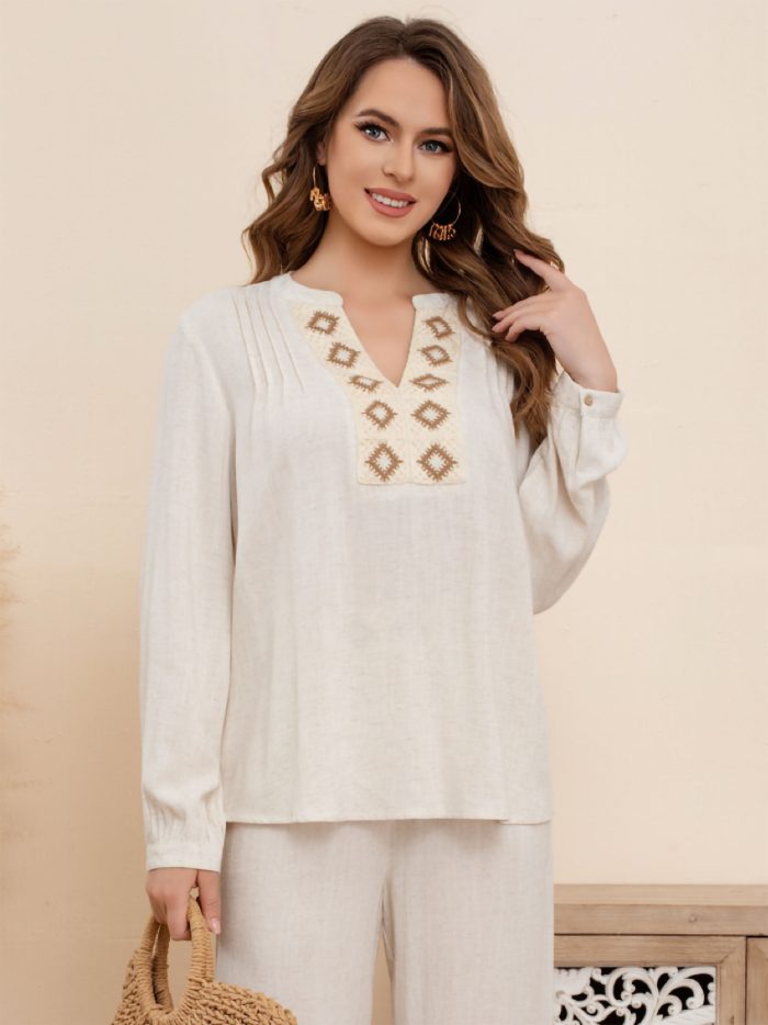 Blusa lino bordado geométrico