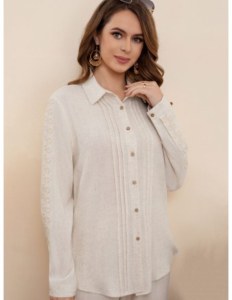 Camisa lino pliegues y bordados en mangas