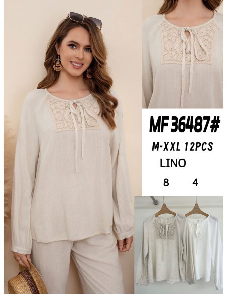 Linen blouse with tie neck and lace