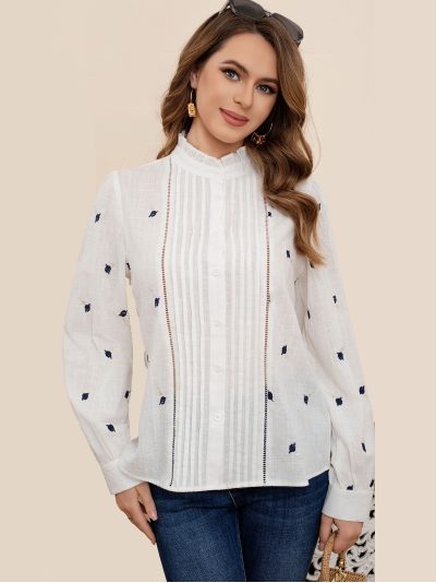 Camisa bordada pliegues cuello fruncido