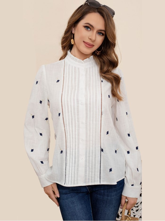 Chemise brodée plis col froncé