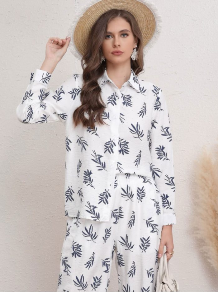 Conjunto Camisa + Pantalón estampado hojas con strass