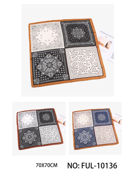 Lenço pequeno efeito seda bandana patchwork.