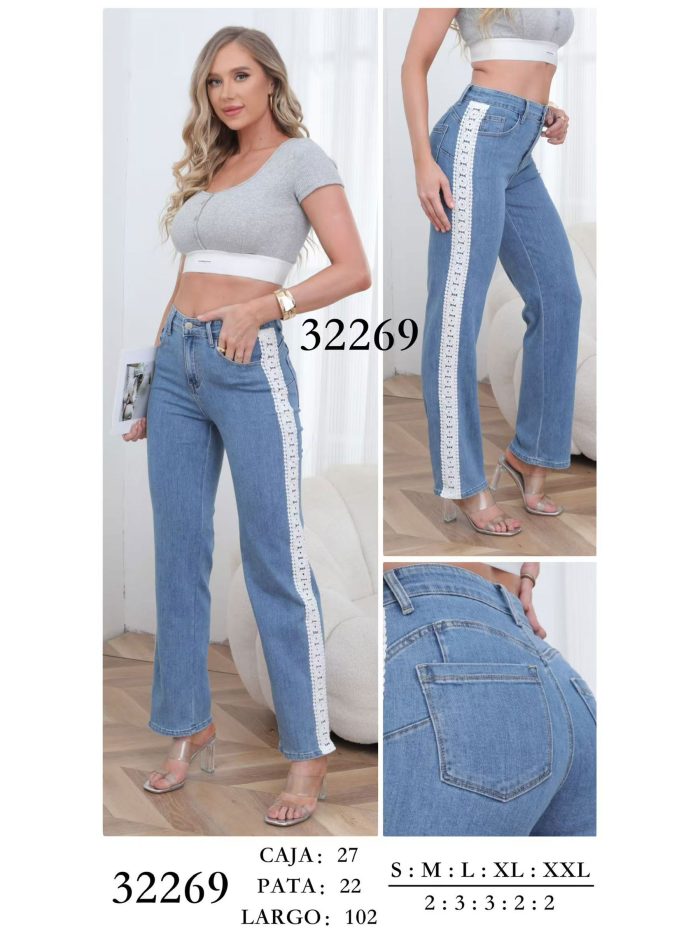 Gerade Jeans mit seitlicher Spitzenborte