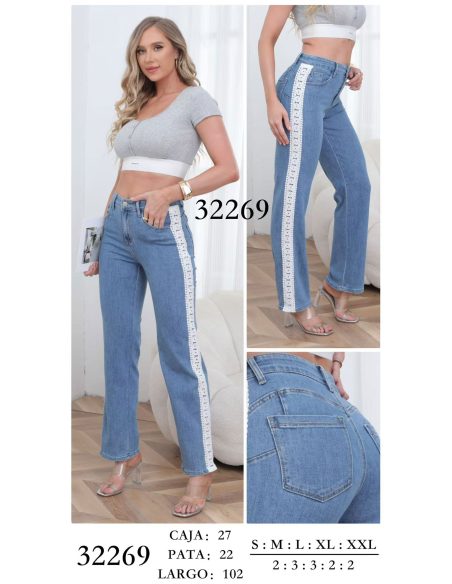 Gerade Jeans mit seitlicher Spitzenborte