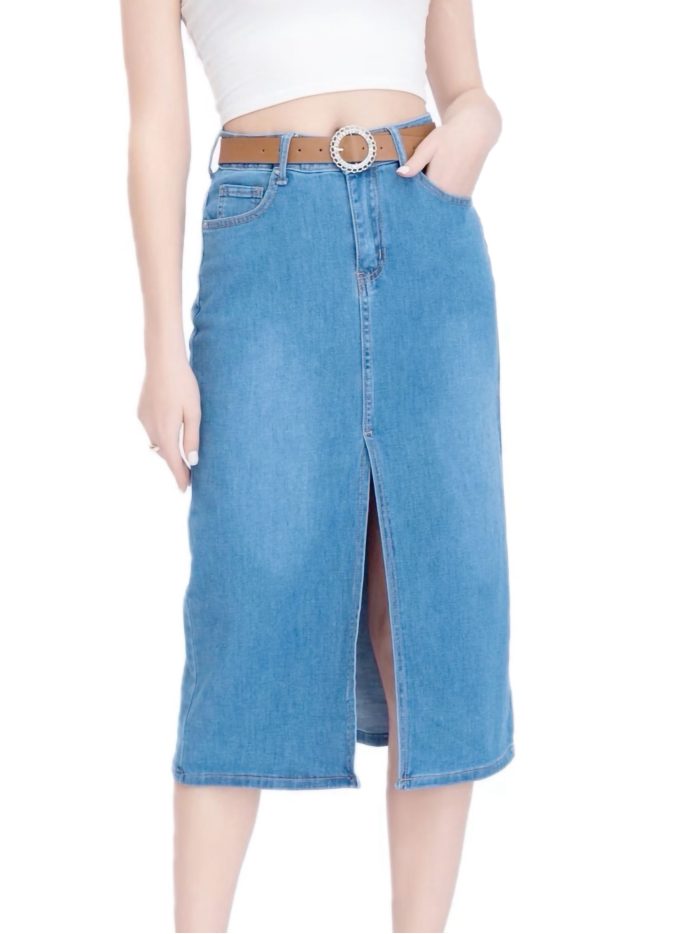 Midi-Denimrock mit Gürtelöffnung