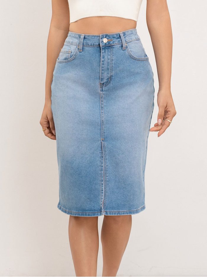 Denim midi skirt with a vent