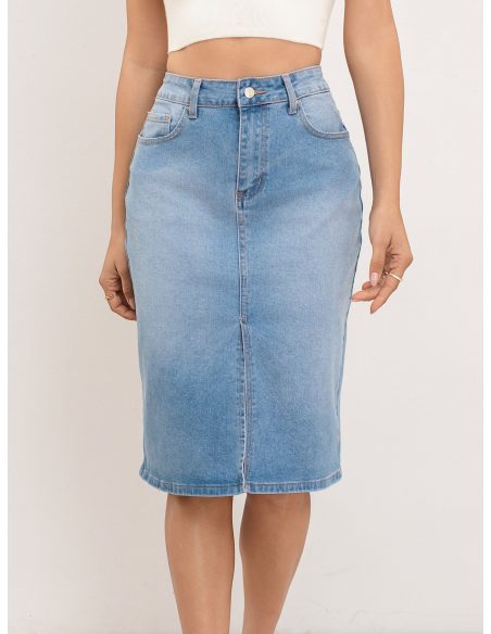 Denim midi skirt with a vent